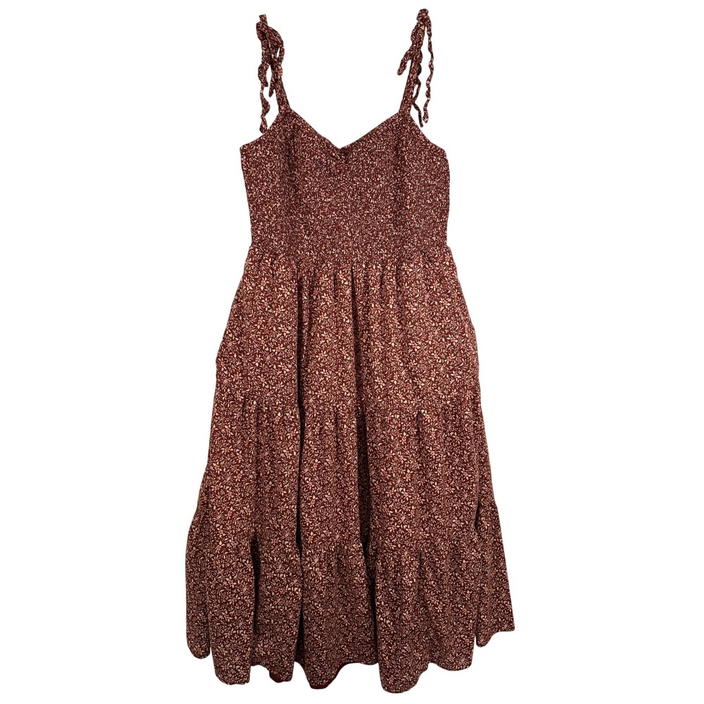 Madewell Lucie Tie Strap Tiered Midi Dress Stained Mahogany Floral L NF877